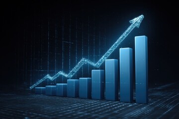 This is a 3D bar chart with a line graph superimposed. The blue bars represent increasing values, and the silver line graph, with an arrow at the end, signifies upward growth and.