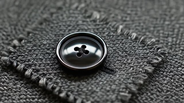 A shiny, metallic four-hole button is attached to a rough, woven gray material