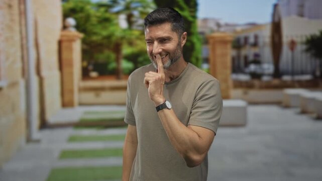 Man winking with finger to lips for silence on street plaza with stone steps and trees near benches; secrecy.