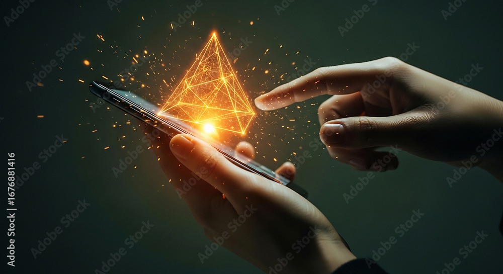 Poster hands interacting with a glowing geometric shape on a smartphone screen with sparkling particles
