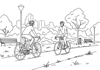 Obraz premium Cyclists in the Park. drawing illustration, coloring page, line art