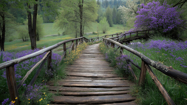 Rustic wooden bridge surrounded by spring flowers, romantic countryside - Powered by Adobe