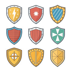 Obraz premium Pixel Art Shield Icons 9 Unique Designs for Games Branding More Isolated On Transparent Background