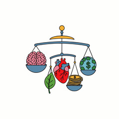 This conceptual illustration depicts the delicate balance between intellect, emotion, nature, wealth, and global well-being in modern human life.