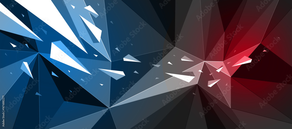 Poster dark black polygonal abstract background with color hot spotlights, 3d triangular surface and flying