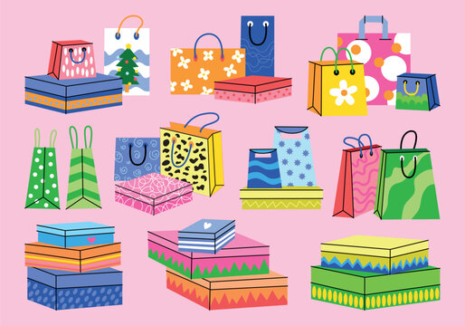 Retro cartoon gift boxes, shopping bags packaging details. Holiday paper bags, decorative boxes, shopping bags. Holiday shopping set, holiday packaging with different patterns. Flat illustration.