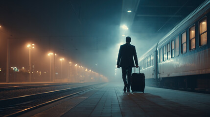 A man is walking with a suitcase on a train platform