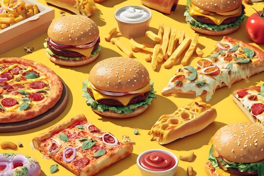 Fast food: burgers, fries, pizza, and condiments on a yellow background.
