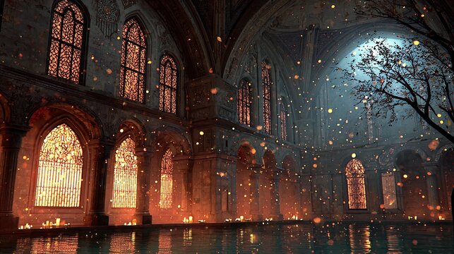 a gothic-style church interior with stained glass windows and glowing lights