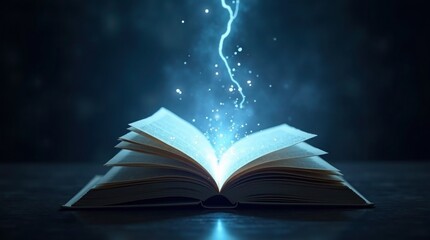 Open book emitting blue light and energy pages