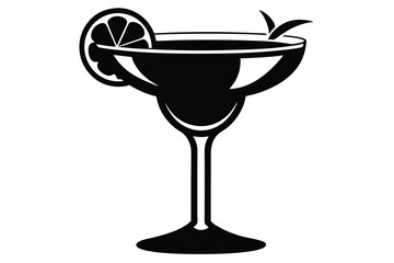 Vector Black and White Illustration of Margarita Cocktail with Orange Slice and Leaves