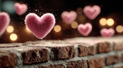 Valentines day neon lights hearts glitter shiny heart falling on brick wall animation romantic motion background