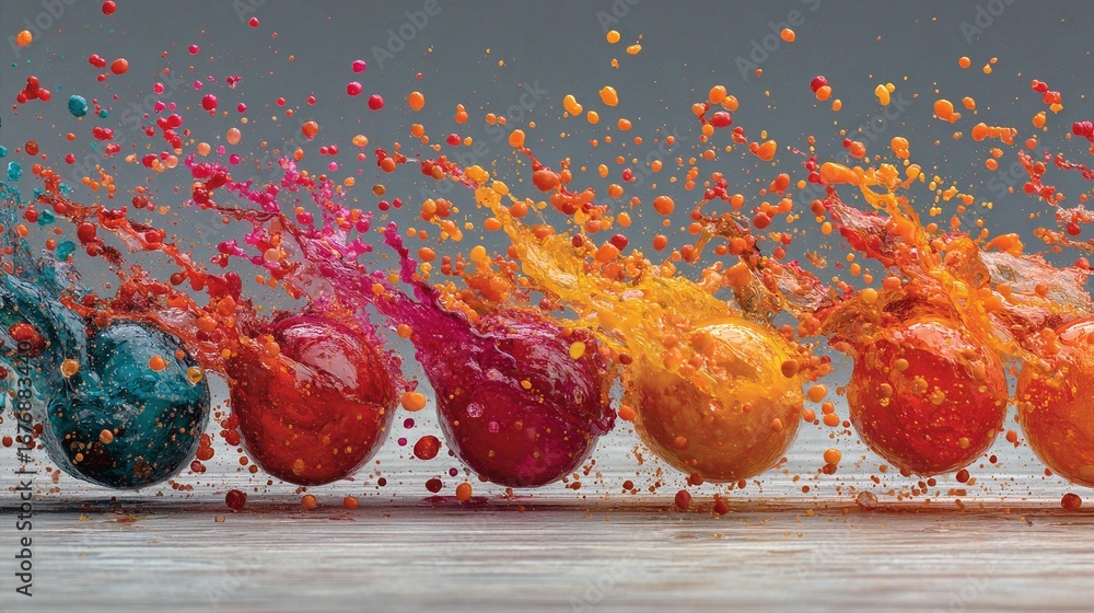 Poster several colorful bottles filled with liquid splashes, arranged in a sequence