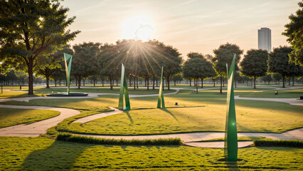 Naklejka premium Park with Artistic Sculptures in Morning Sunlight