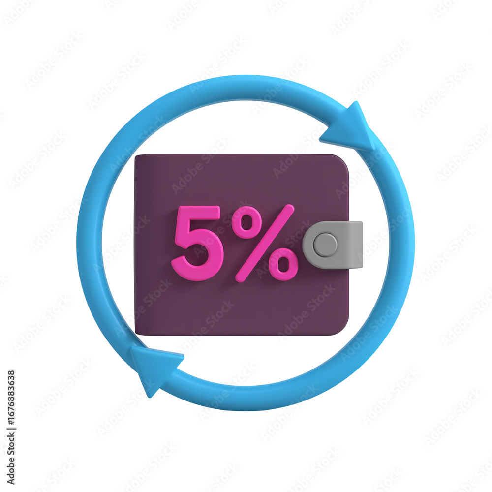 Poster stylized wallet with five percent sign encircling with arrows isolated transparent design