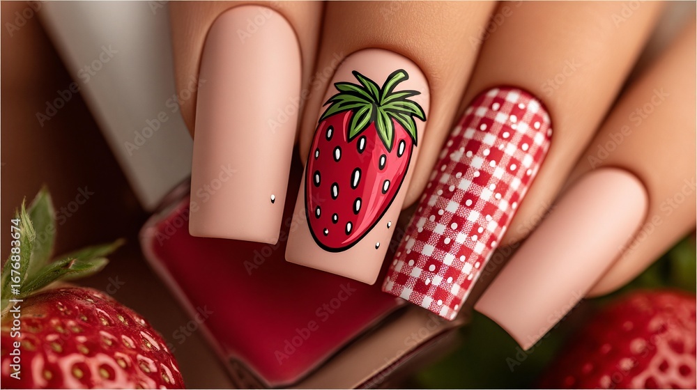 Poster a close-up image of a heart-shaped sticker with a strawberry design surrounded by red and white chec