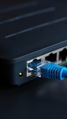 Close up of a blue ethernet cable plugged into a network switch