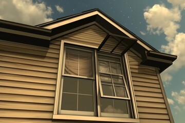 3d rendering of house side window with exterior trim, eaves, vinyl siding, white and beige walls, clear sky with clouds
