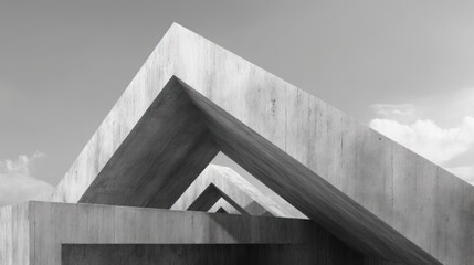 Fototapeta premium A stark black and white photograph showcases a complex architectural structure composed of intersecting concrete planes. The design features sharp angles and deep recesses, 