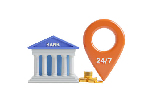 Conceptual banking illustration featuring a location pin indicating constant availability for