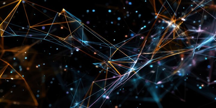 A dark, abstract background explodes with intricate, glowing lines and points of light.  Golden and orange lines form a complex, geometric network that dominates the foreground,