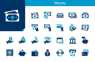 Money icon collection for currency, banking, savings and transaction concept. Flat design. Pixel perfect.