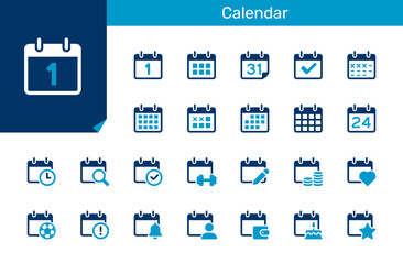 Calendar icon collection for event, schedule, reminder and planning concept. Flat design. Pixel perfect.