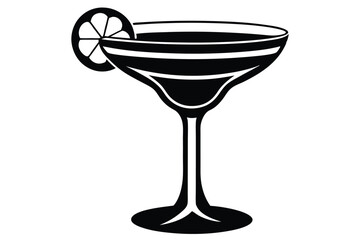 Black Silhouette of Cocktail Glass Garnished with Lemon Slice Vector Illustration