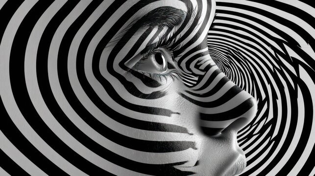A striking black and white portrait features a person?s face dramatically transformed with swirling, concentric zebra-like stripes that appear to wrap around and distort their features. The subject?
