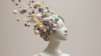 A serene female sculpture?s head is adorned with a vibrant cascade of colorful, spherical objects. The sculpture?s face is smooth and pale, with a delicate expression. 