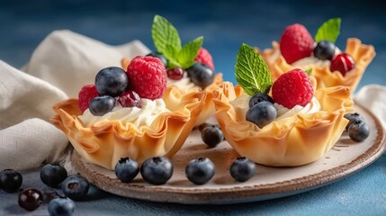 Delicious phyllo cups with blueberries, raspberries and whipped cream