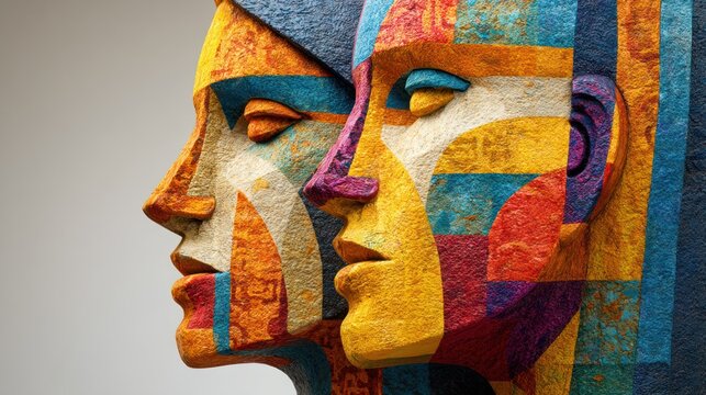A striking, close-up sculpture depicts two stylized human heads facing each other. The sculpture is rendered in a vibrant, mosaic-like style, utilizing a rich palette of colors including blue