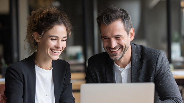 Two smiling professionals a man and a woman looking at a laptop