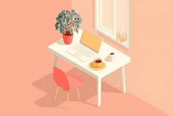 A modern isometric illustration of an office desk with a laptop and a plant on it, creating a productive work environment.