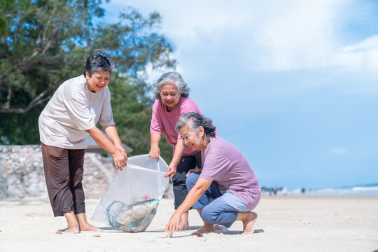 Group of Happy Asian senior woman volunteers people picking up plastic trash and garbage at the beach. Elderly wellness leisure activities, environmental conservation earth day and waste pollution. - Powered by Adobe