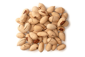 Pecan-nut in a shell isolated on white background. Top view.