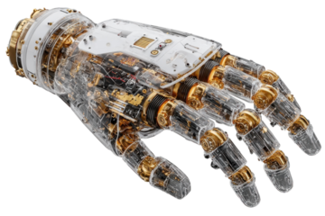 Intricate robotic hand with visible mechanics showcases advanced engineering design on transparent background