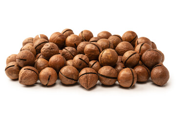 Macadamia nuts in a shell isolated on a white background.