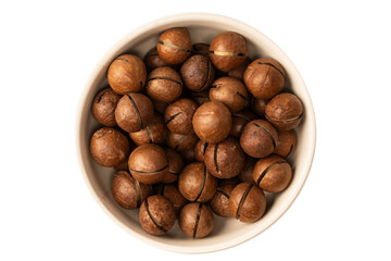 Macadamia nuts in a shell isolated on a white background.