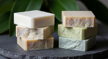 Stacked artisanal soaps in various colors and textures displayed on a dark stone surface, with a natural backdrop.