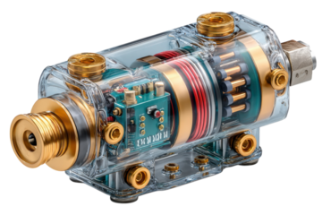 Intricate internal mechanism of a transparent device with golden and red components on transparent background