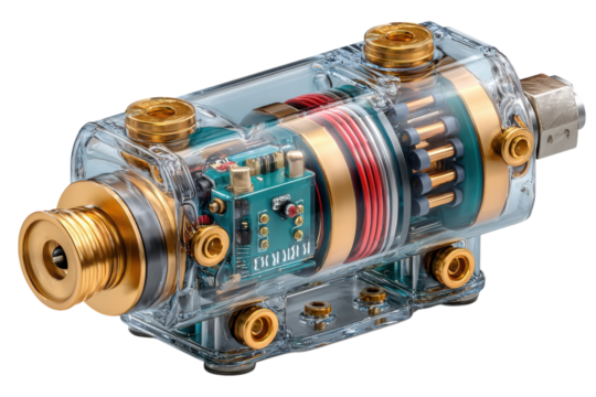 Intricate internal mechanism of a transparent device with golden and red components on transparent background