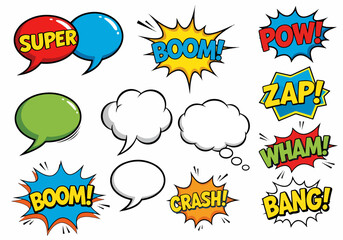 Comic speech bubbles with different text in trendy retro style.