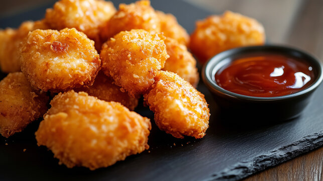 Close-up of crispy chicken nuggets with a side of barbecue sauce on a dark slate plate. The nuggets have a perfectly crunchy, golden-brown texture. - Powered by Adobe