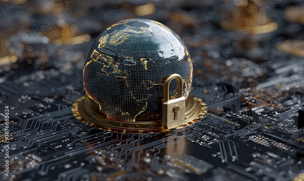 Poster digital globe secured with a lock on a circuit board with intricate details