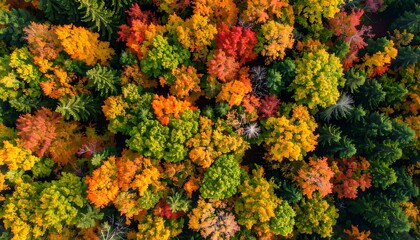 Aerial view of a vibrant autumn forest showcasing a mix of colorful foliage and trees