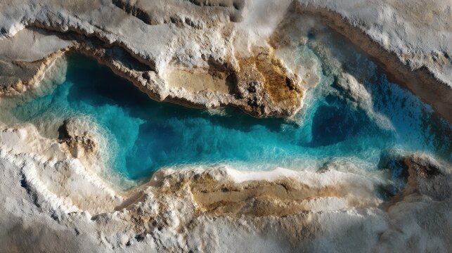 An aerial photograph showcases a stunning, turquoise-colored hot spring nestled within a rugged, snow-covered landscape. The hot spring?s water dramatically contrasts with the surrounding white, 