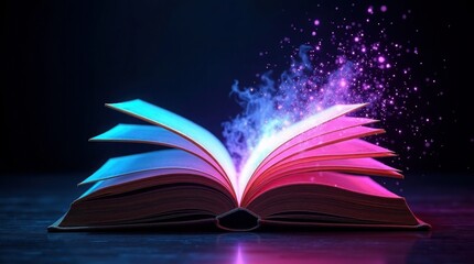 Open book emitting magical light and particles pages