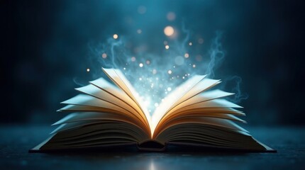 Open book emitting magical light and energy sparks