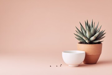 Minimalist still life featuring a succulent in terracotta pot and small white bowl on a soft pink background